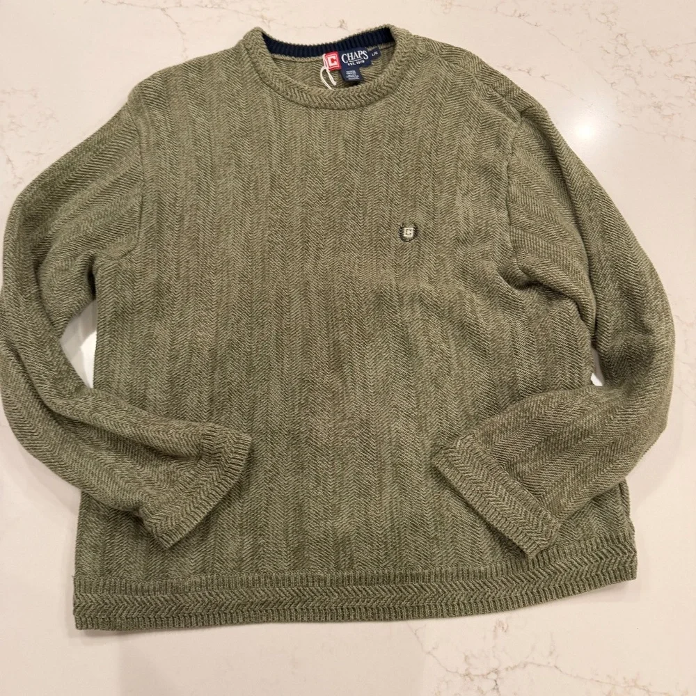 Chaps Men’s Large Olive Green Herringbone Knit Crewneck Sweater 100% Cotton